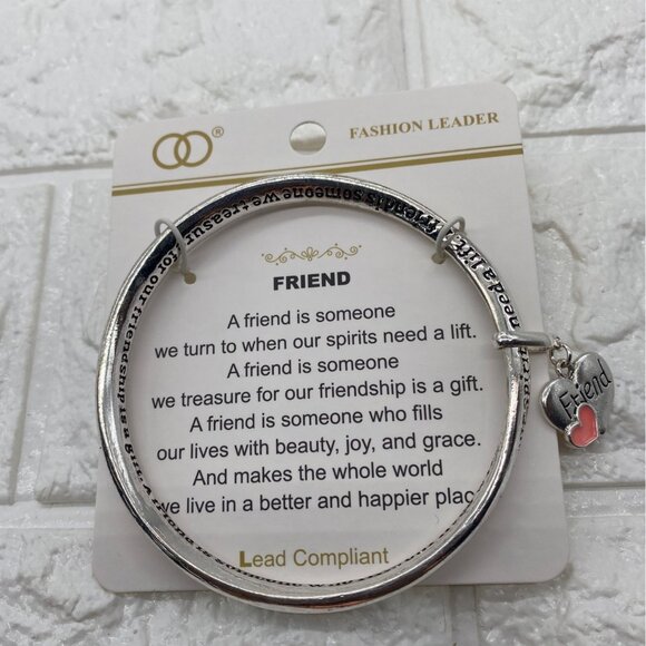 Fashion Leader Womens Silver Tone Bangle Bracelet "Friend" Quote & Heart Charm - Picture 8 of 8